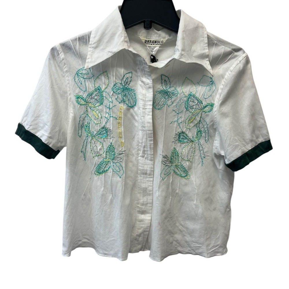 NWT Vintage Parasuco White & Green Floral Embroidered Button Down Shirt